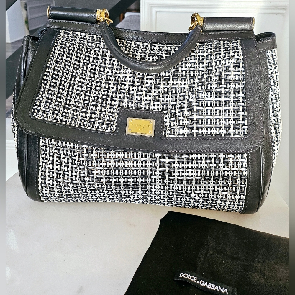 Dolce & Gabbana Black & White Large Sicily Woven Top Handle Bag - Picture 11 of 15